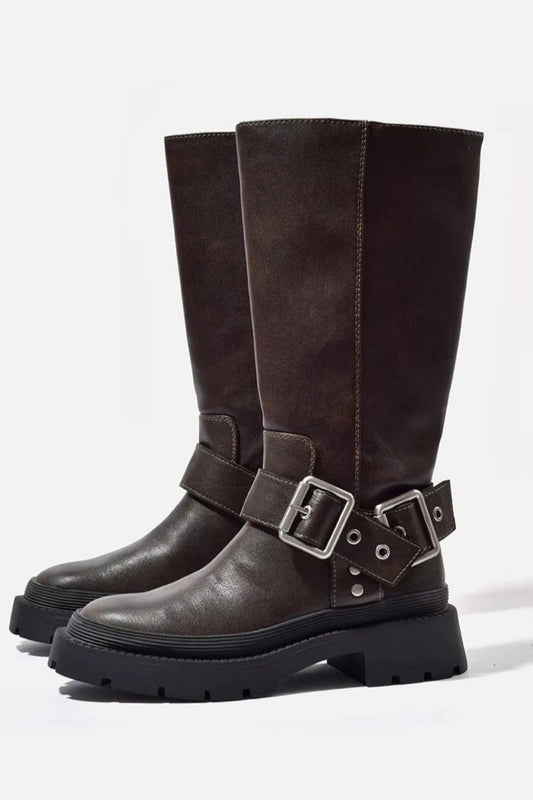 Women's Leather Buckle Ankle Boots — Brown