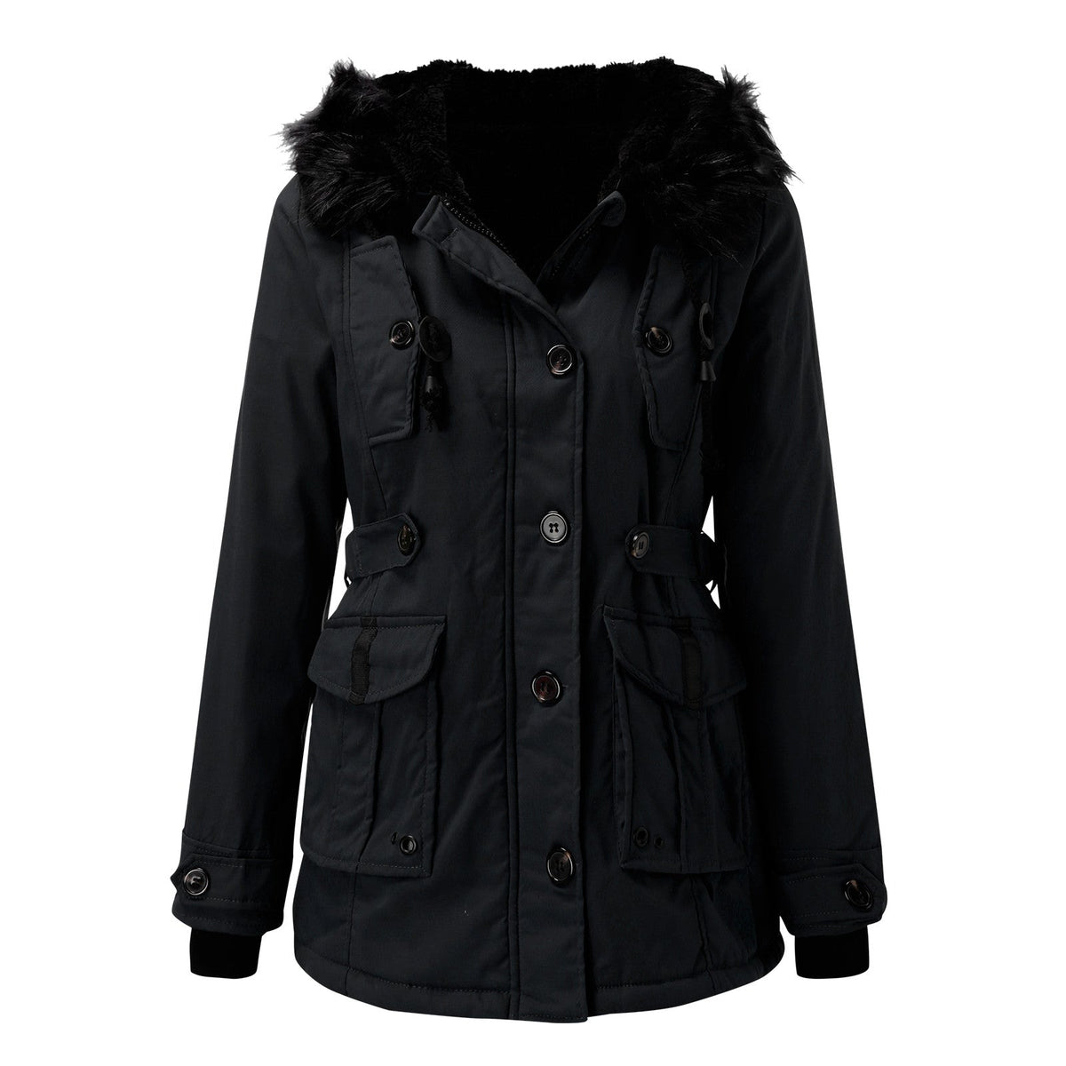 Women's Faux Fur Trim Drawcord Waist Coat — Black