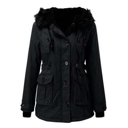 Women's Faux Fur Trim Drawcord Waist Coat — Black
