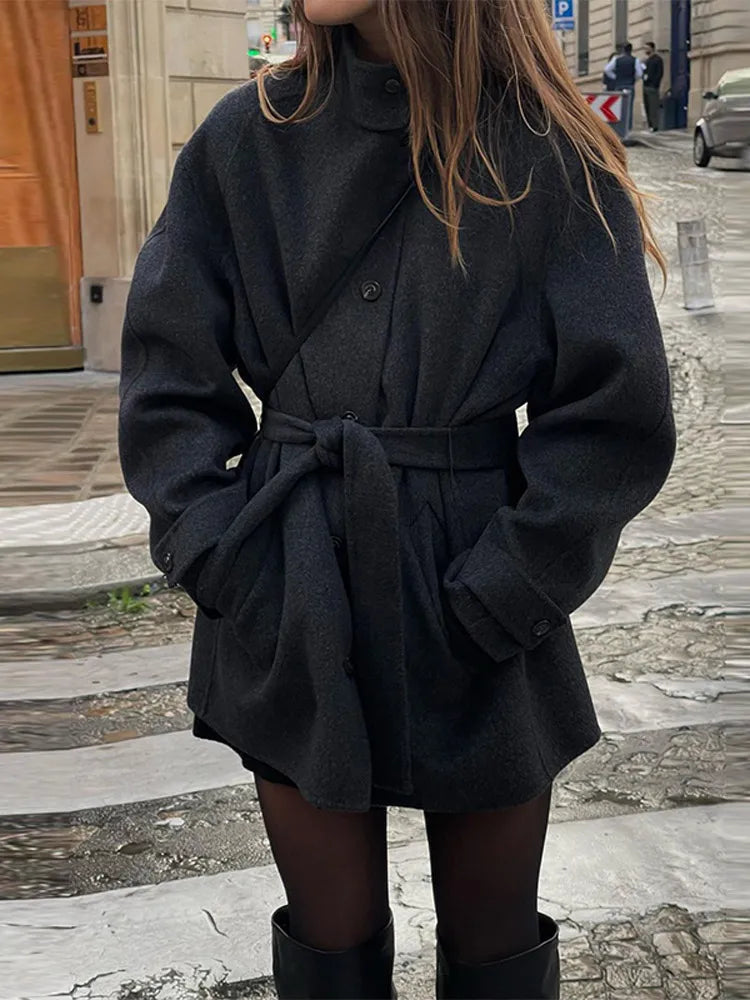Women's Belted Funnel Neck Short Coat — Black