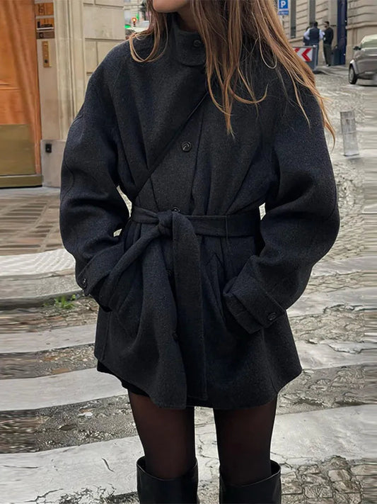 Women's Belted Funnel Neck Short Coat — Black