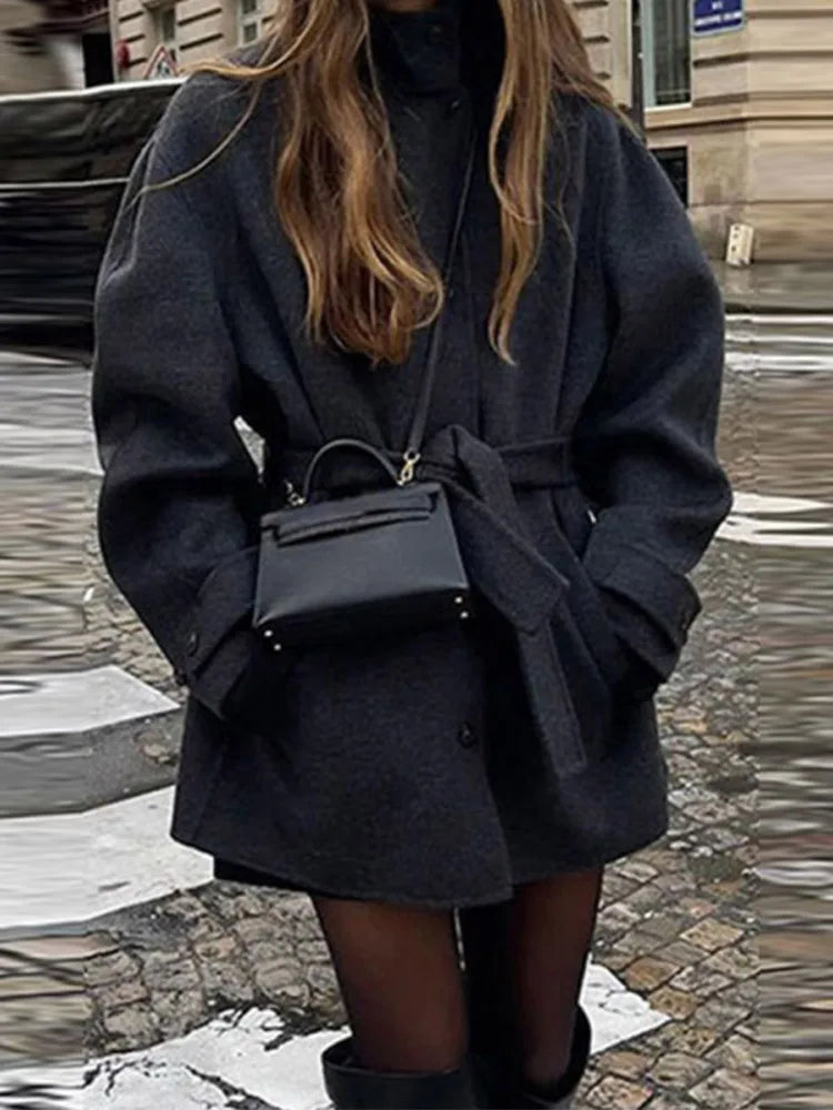 Women's Belted Funnel Neck Short Coat — Black