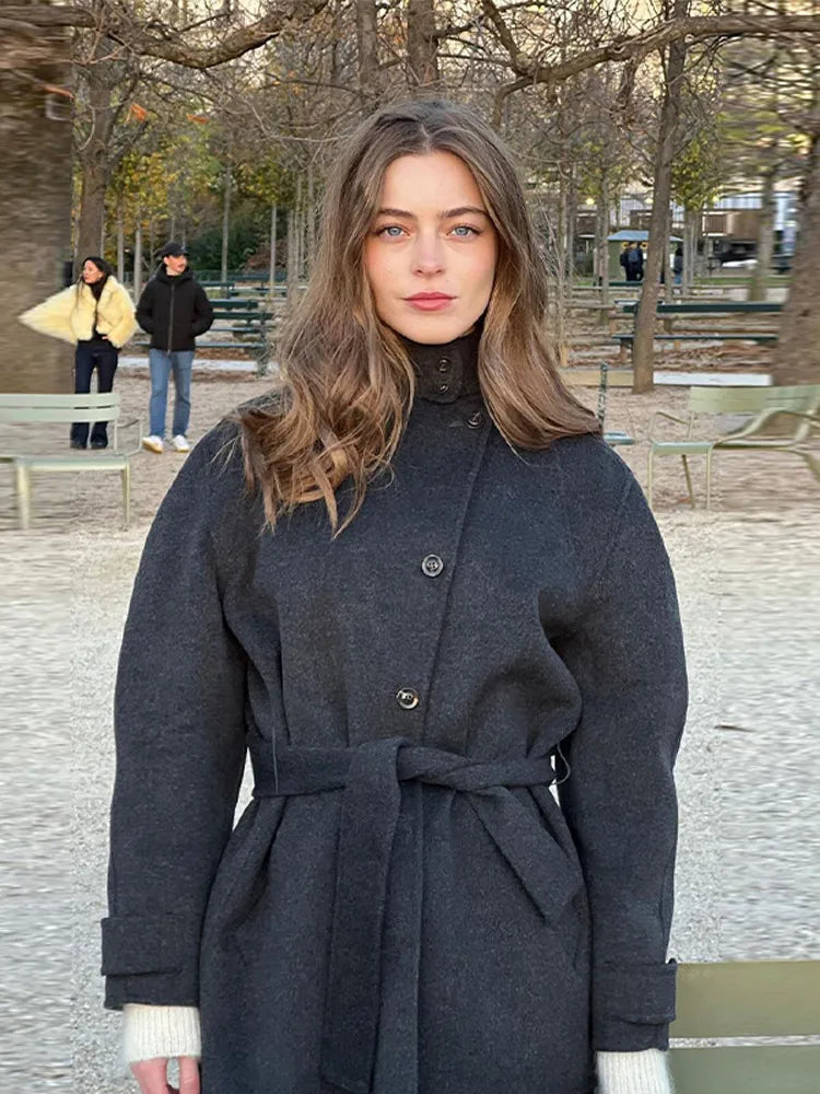 Women's Belted Funnel Neck Short Coat — Black