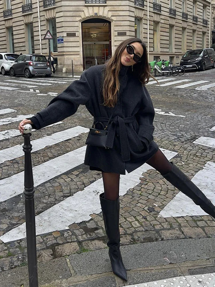 Women's Belted Funnel Neck Short Coat