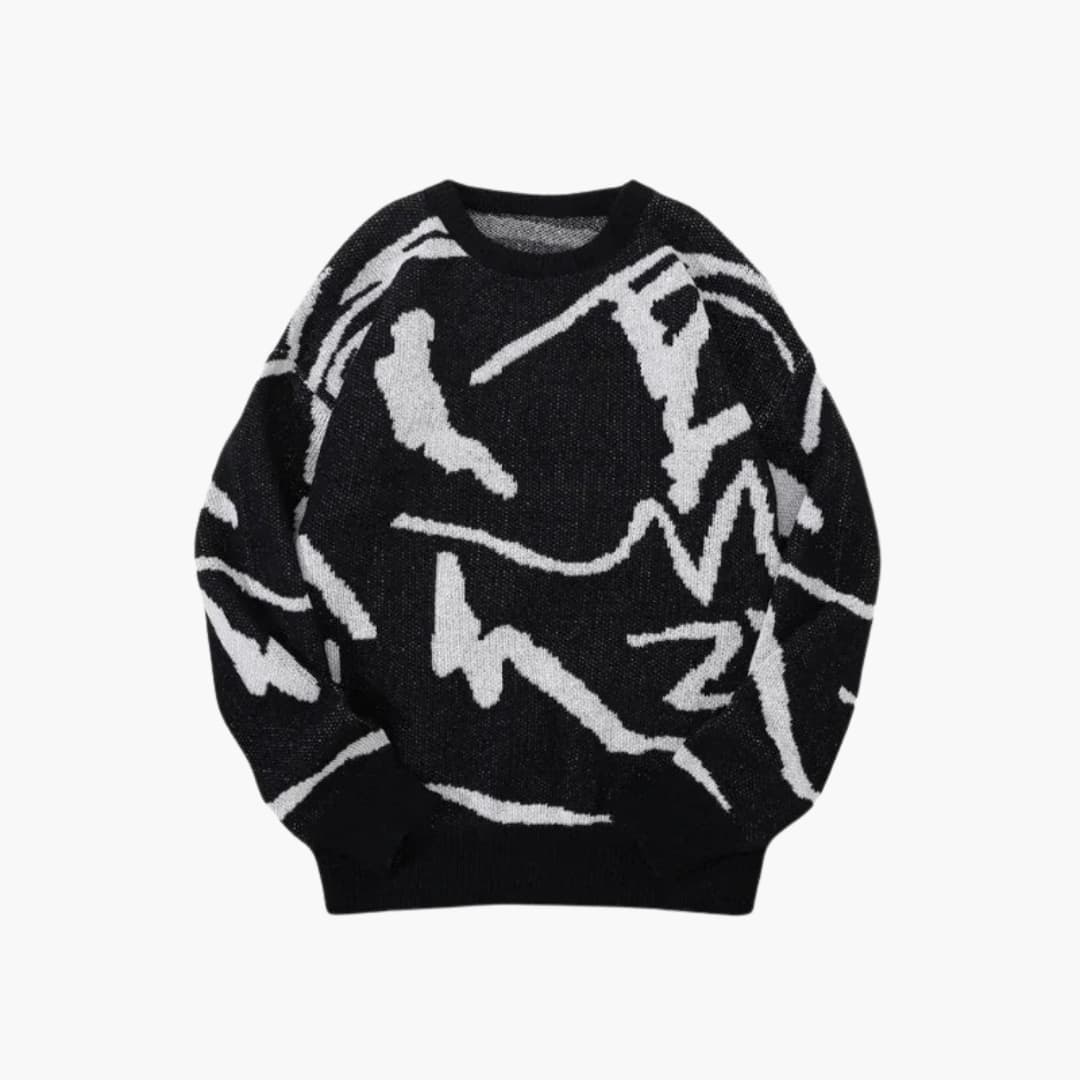Carl Men's Knit Sweater – Abstract Pattern with Ribbed Hem and Cuffs for Autumn and Winter