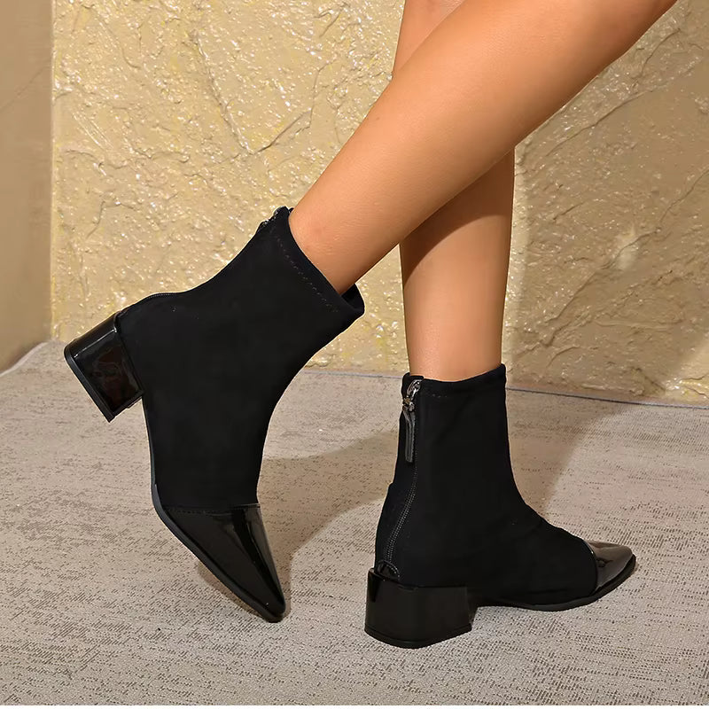 Women's Suede Block Heel Ankle Boots — Black