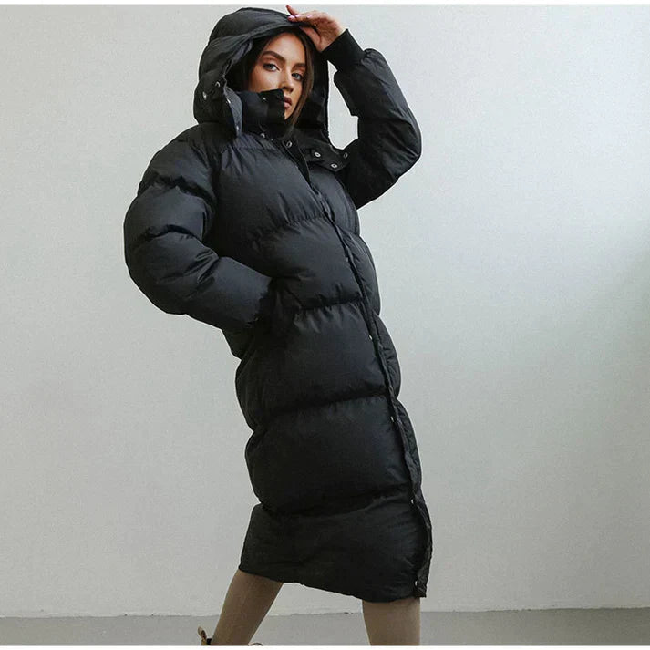Women's Longline Hooded Coat with Thick Lining — Black