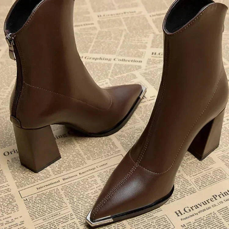 Women's Pointed Toe Heeled Ankle Boots — Brown