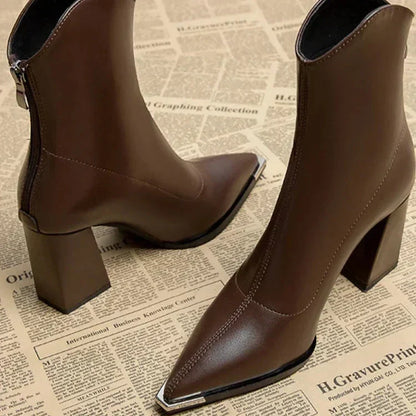 Women's Pointed Toe Heeled Ankle Boots — Brown