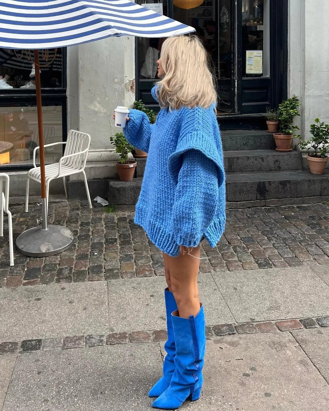 Women's Knit Hooded Long Sleeve Sweater — Blue