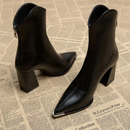 Women's Pointed Toe Heeled Ankle Boots — Brown