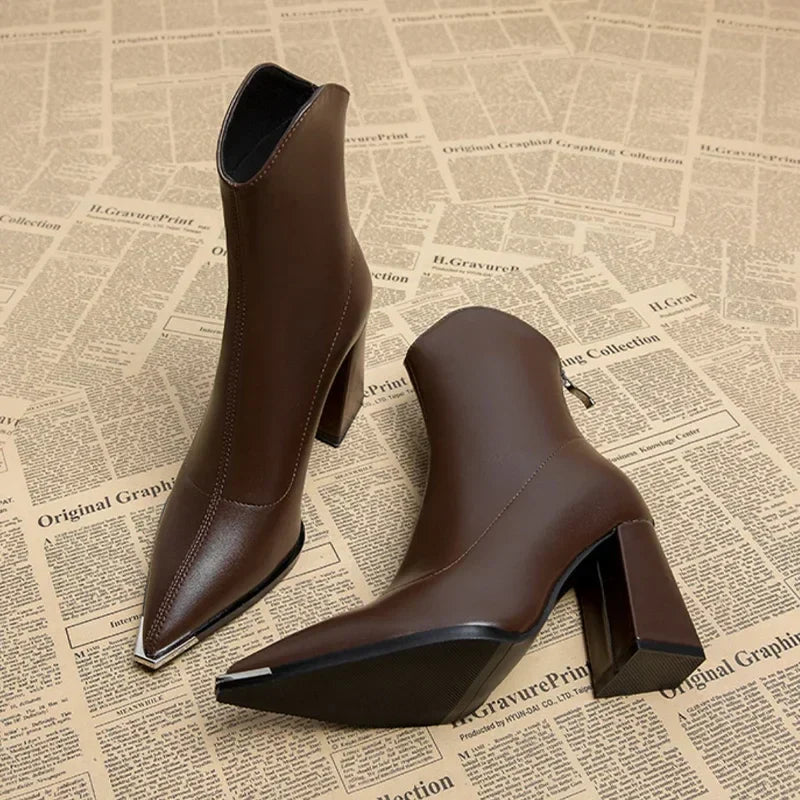 Women's Pointed Toe Heeled Ankle Boots — Brown