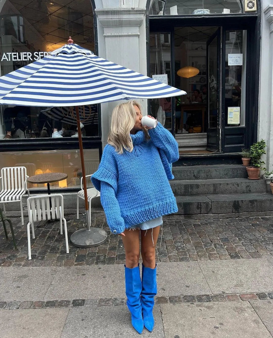 Women's Knit Hooded Long Sleeve Sweater — Blue