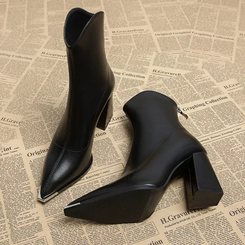 Women's Pointed Toe Heeled Ankle Boots — Black