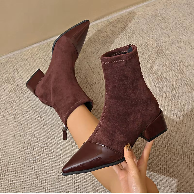 Women's Suede Block Heel Ankle Boots — Black
