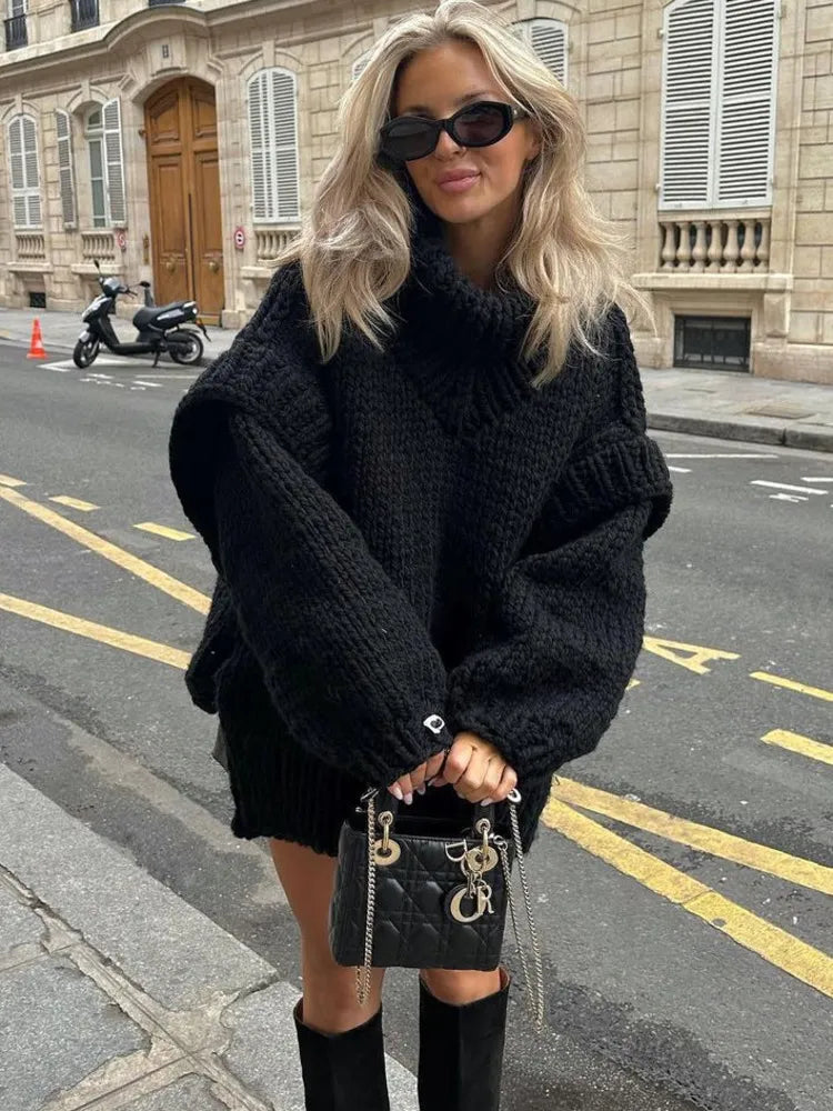 Women's Knit Hooded Long Sleeve Sweater — Black