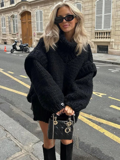 Women's Knit Hooded Long Sleeve Sweater — Black
