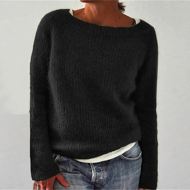 Women's Soft Knit Wide Neck Sweater — Black