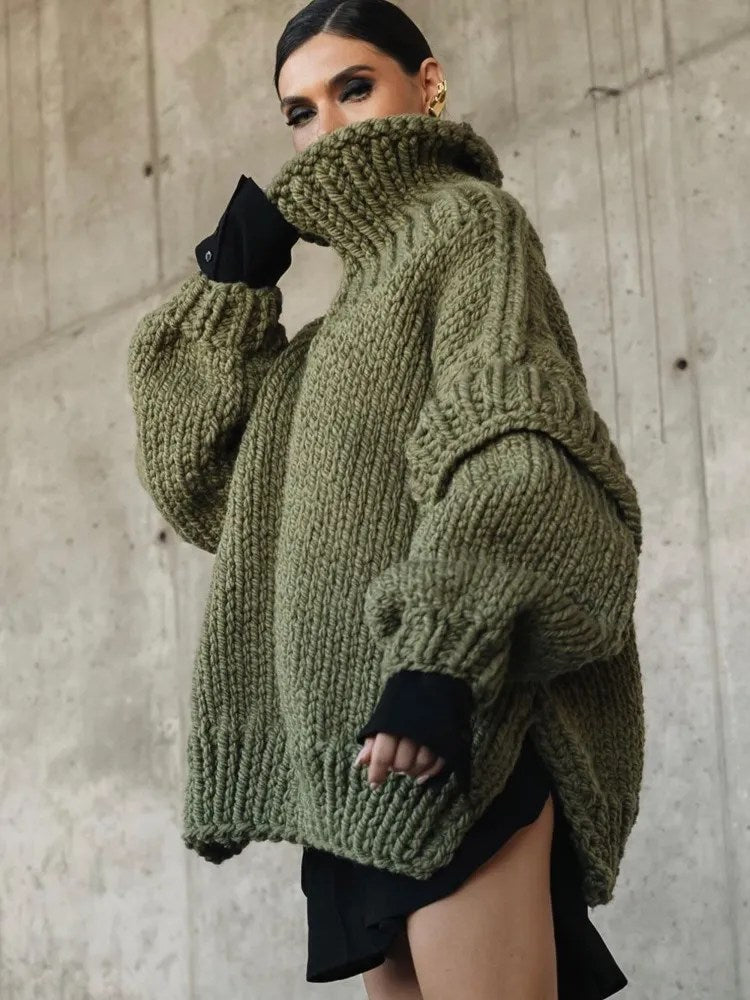 Women's Knit Hooded Long Sleeve Sweater — Green