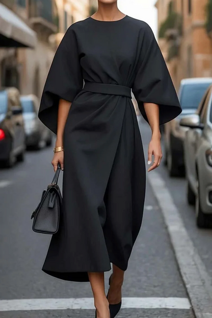 Women's Belted Kimono Sleeve Midi Dress — Navy Blue