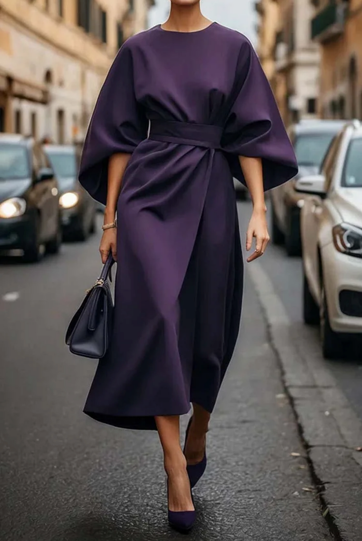Women's Belted Kimono Sleeve Midi Dress — Navy Blue