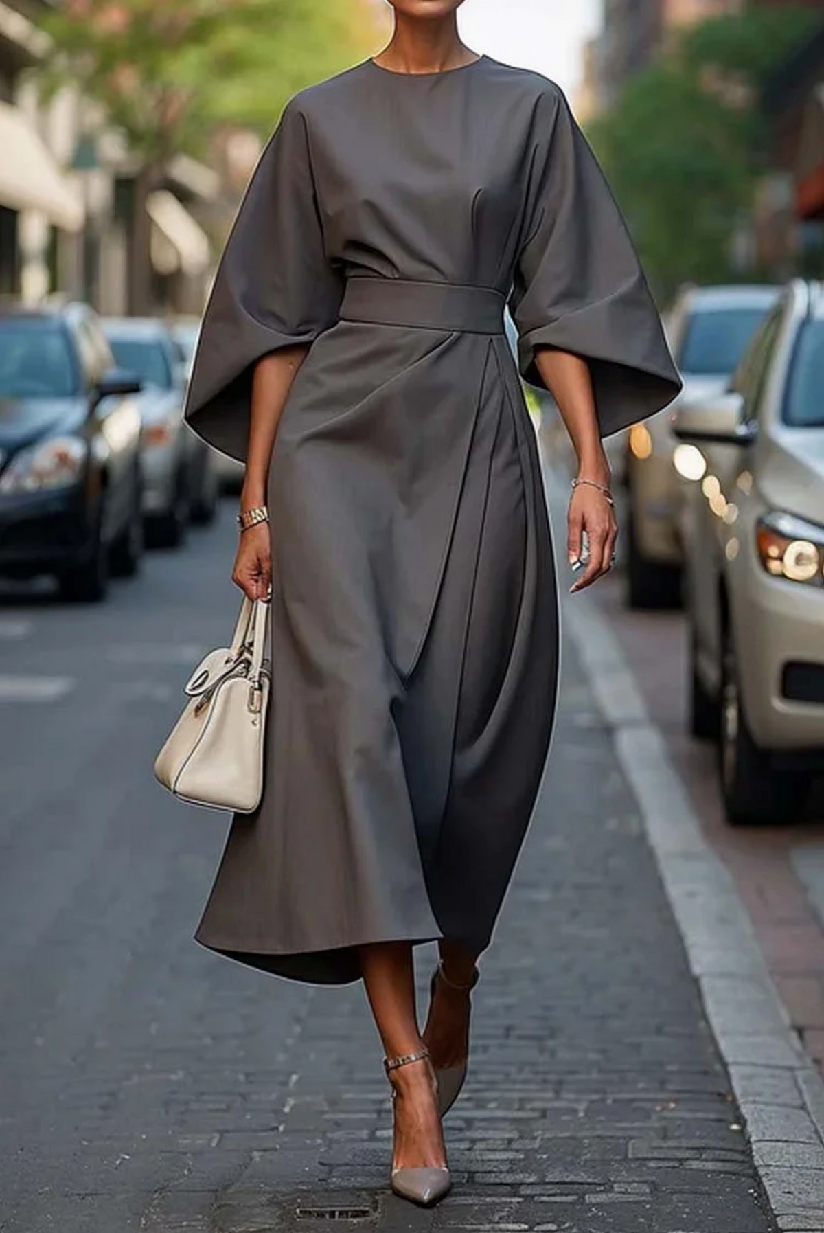 Women's Belted Kimono Sleeve Midi Dress — Navy Blue