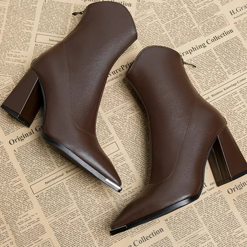 Women's Pointed Toe Heeled Ankle Boots — Brown