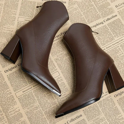 Women's Pointed Toe Heeled Ankle Boots — Brown