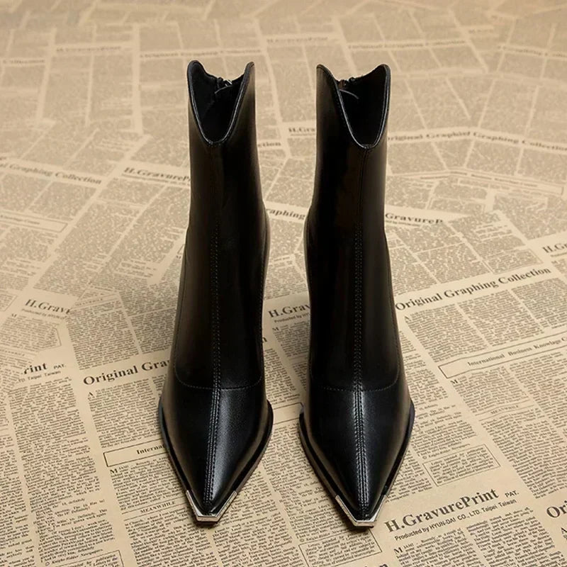 Women's Pointed Toe Heeled Ankle Boots — Brown