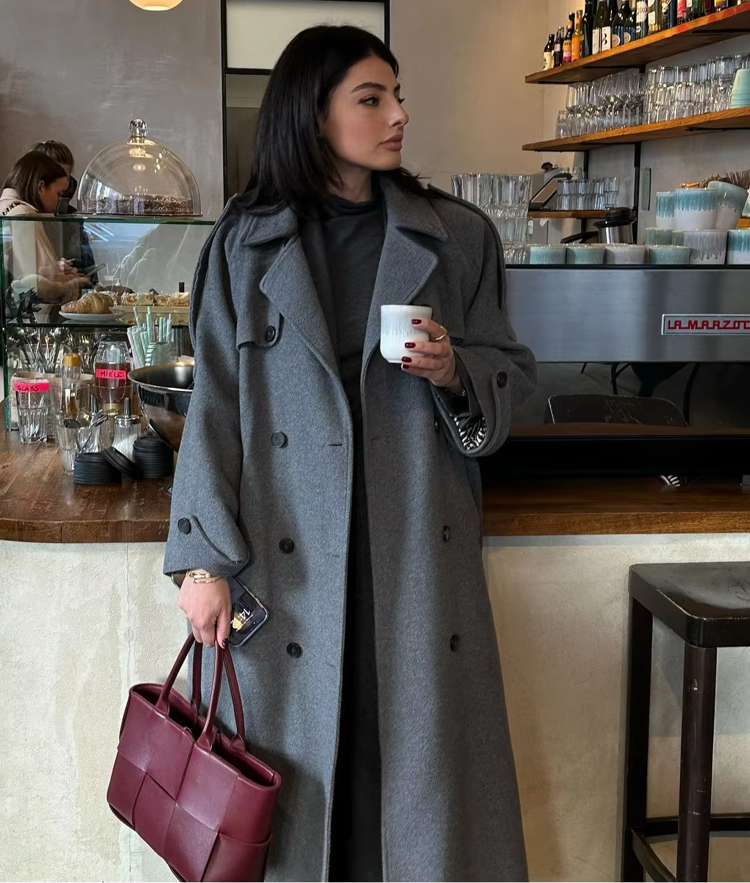 Women's Wool Longline Trench Coat — Bordeaux Red