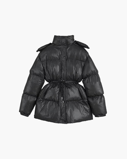 Women's Glossy Drawcord Puffer Coat — Black