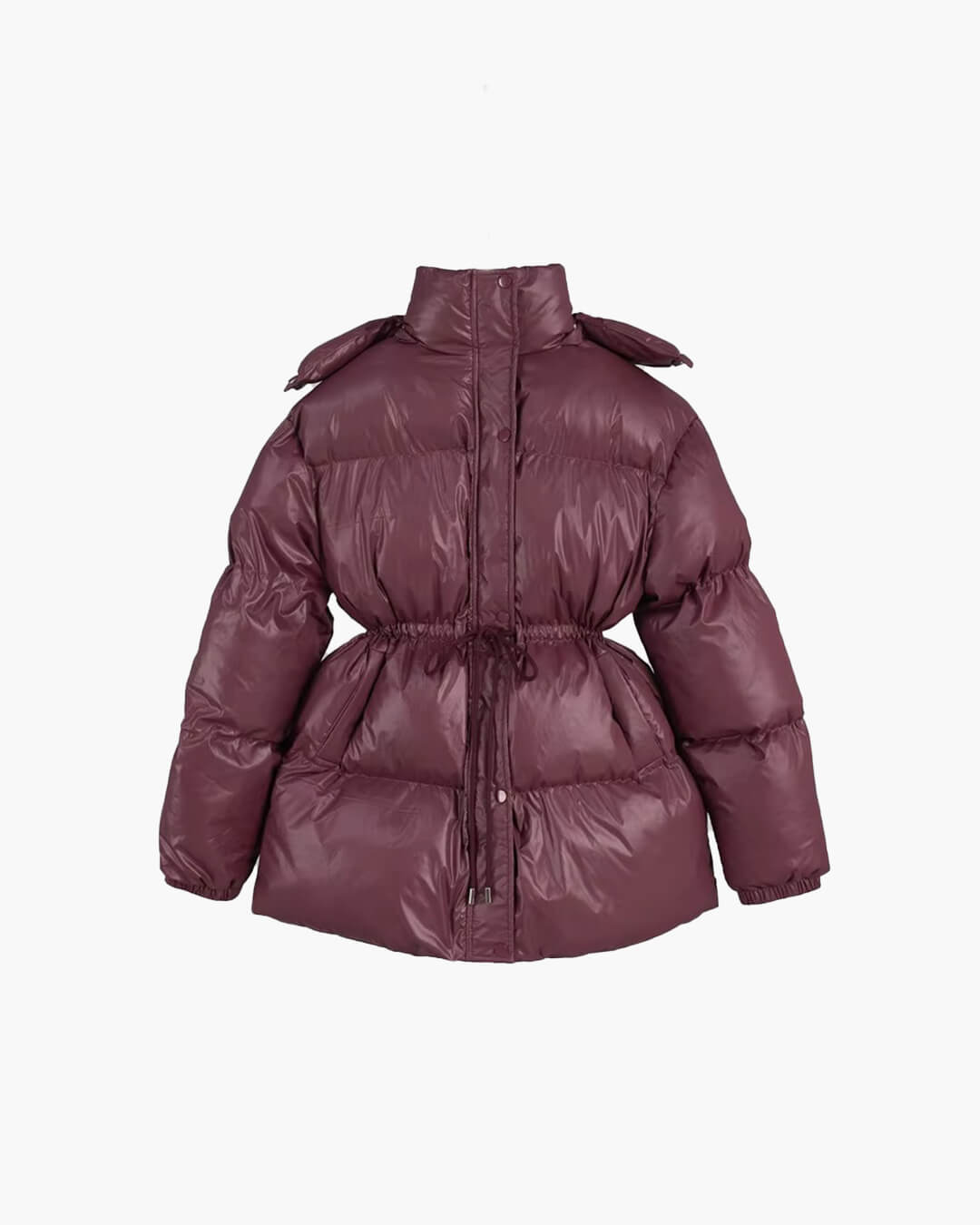 Women's Glossy Drawcord Puffer Coat — Bordeaux Red