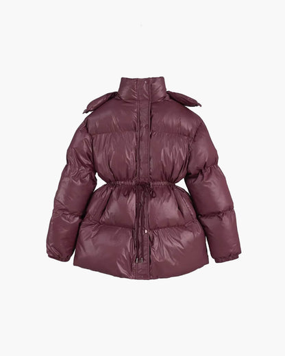 Women's Glossy Drawcord Puffer Coat — Bordeaux Red