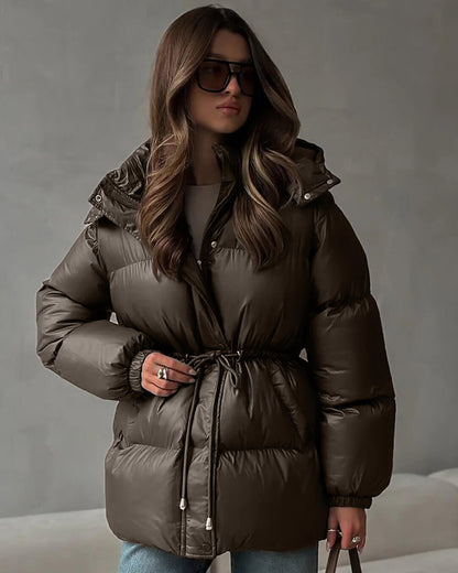 Women's Glossy Drawcord Puffer Coat — Brown