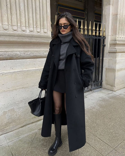 Women's Wool Longline Trench Coat — Black