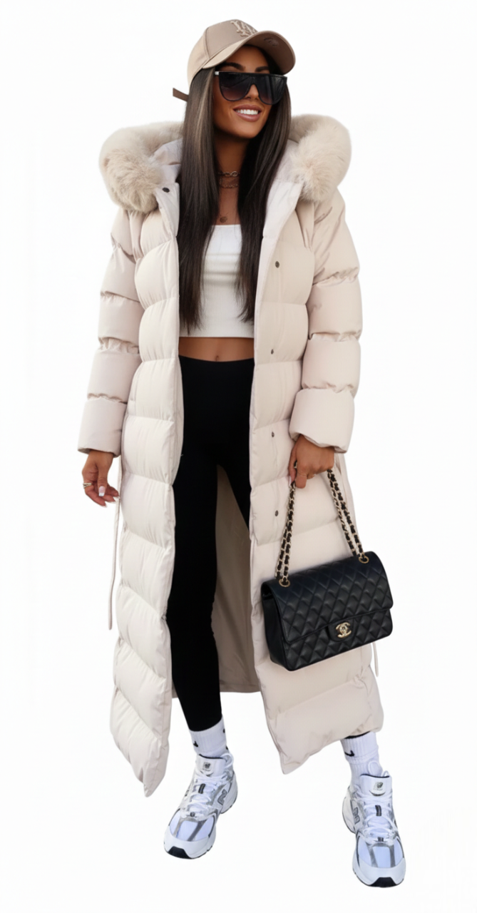 Vera Women's Long Puffer Coat with Faux Fur Collar