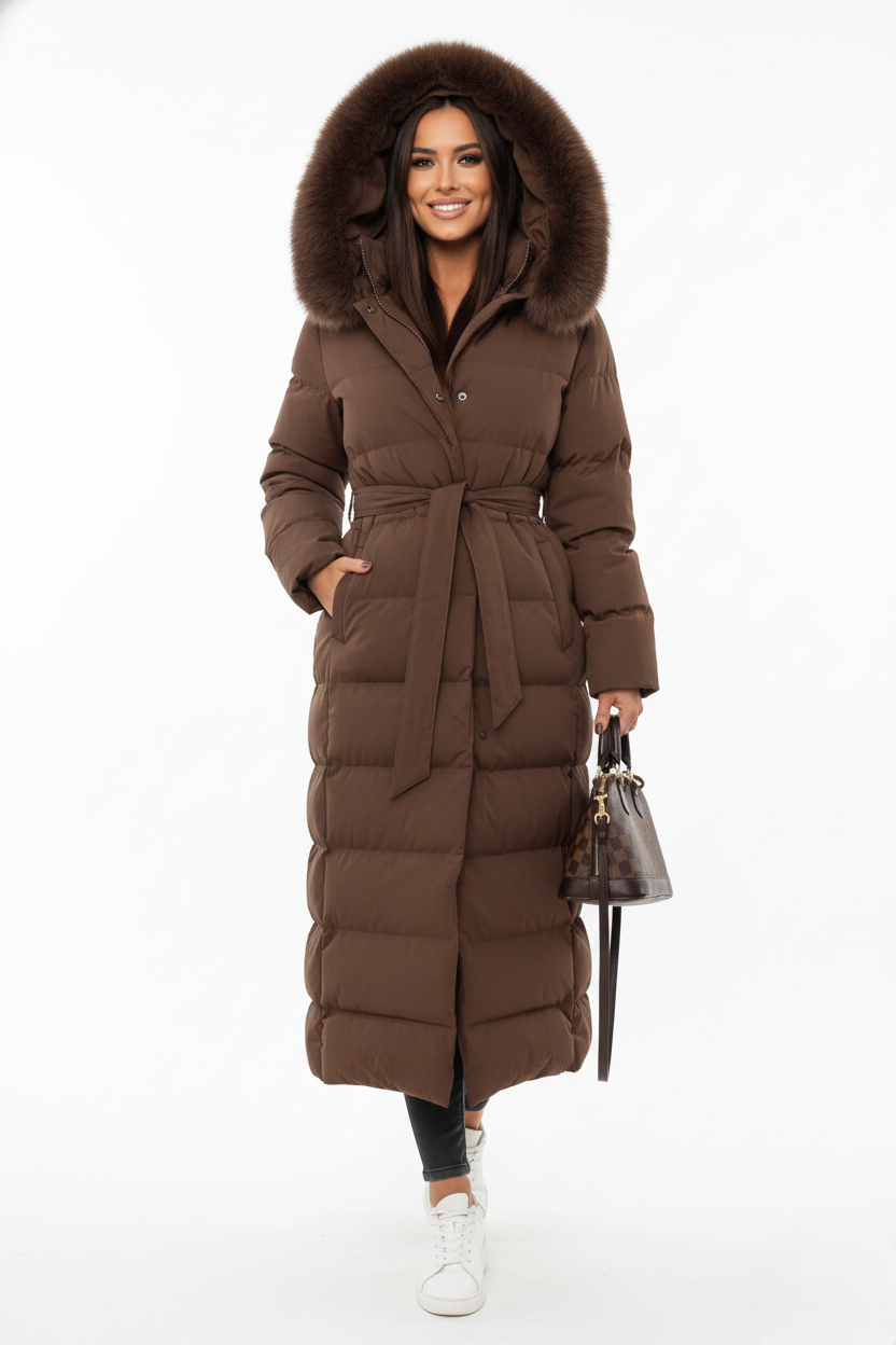 Vera Women's Long Puffer Coat with Faux Fur Collar