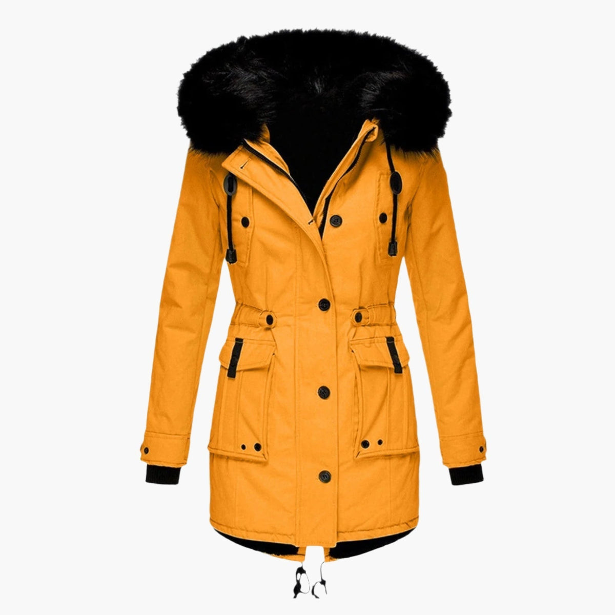 Women's Faux Fur Trim Drawcord Waist Coat — Gold
