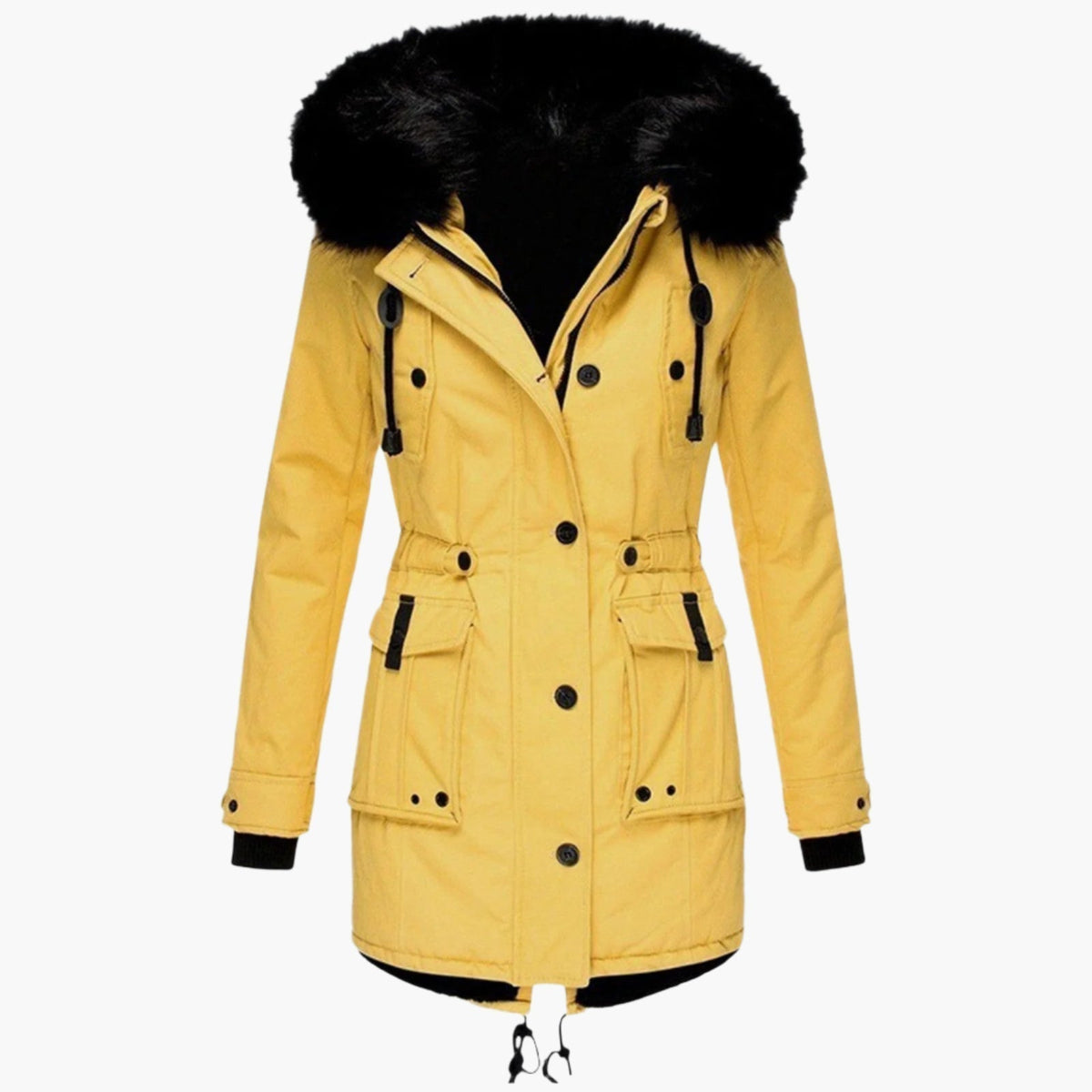 Women's Faux Fur Trim Drawcord Waist Coat — Gold