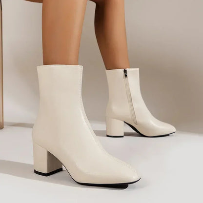 Women's Block Heel Zip Ankle Boots — Black