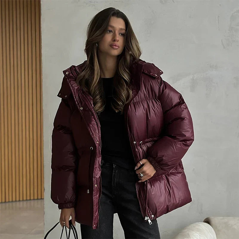 Women's Glossy Drawcord Puffer Coat — Bordeaux Red