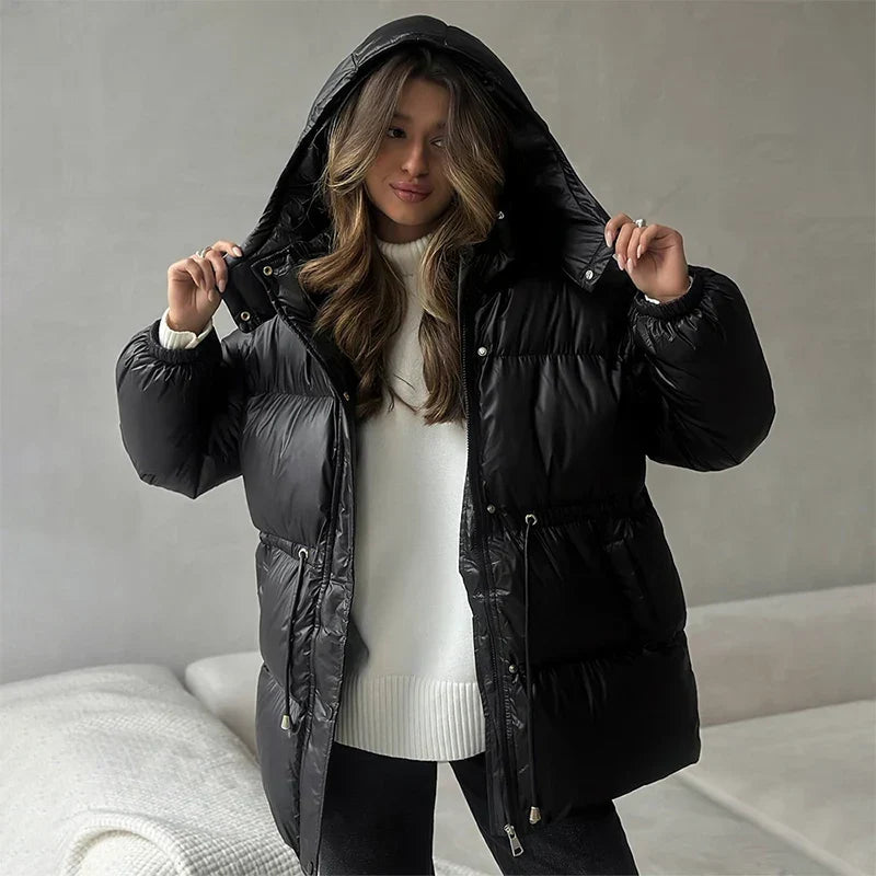 Women's Glossy Drawcord Puffer Coat — Black