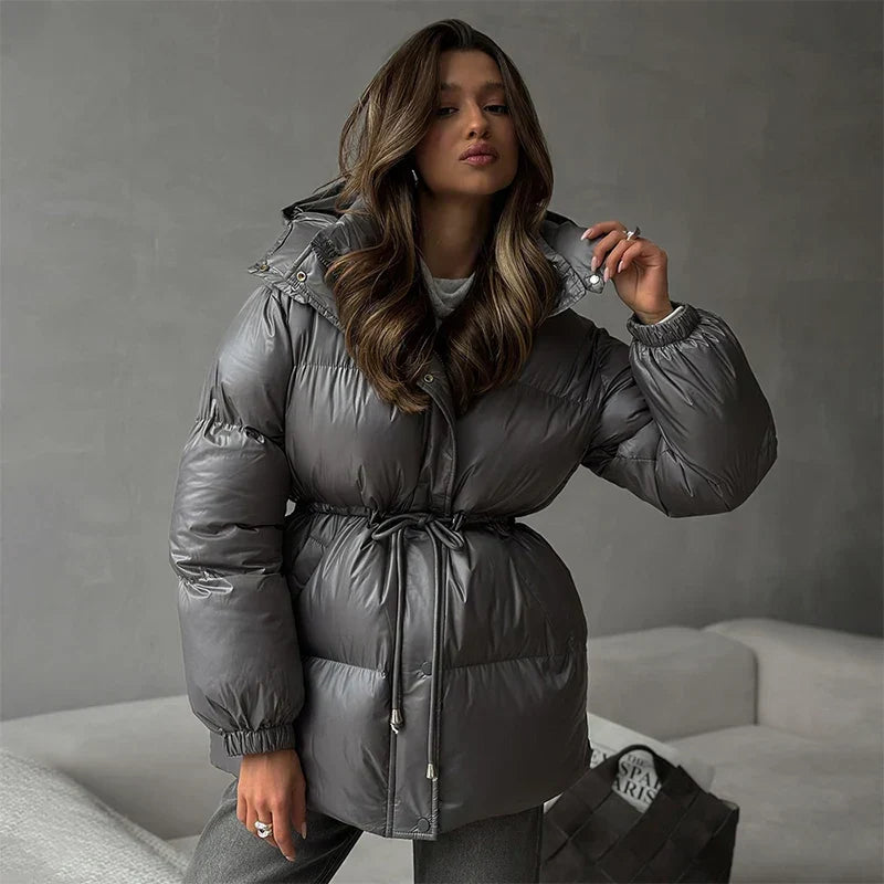 Women's Glossy Drawcord Puffer Coat — Charcoal Grey