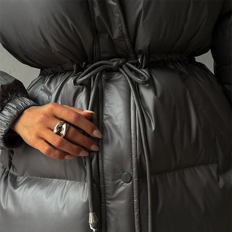 Women's Glossy Drawcord Puffer Coat — Charcoal Grey