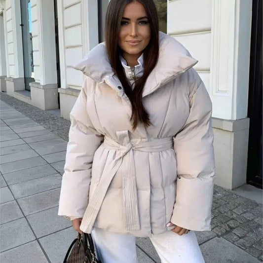 Women's Belted Winter Puffer Coat — Eggshell