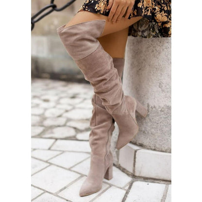 Women's Leather Knee-High Heeled Boots — Beige