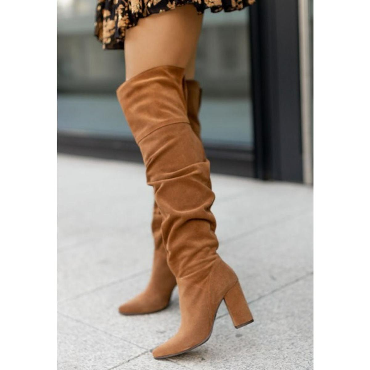 Women's Leather Knee-High Heeled Boots — Beige