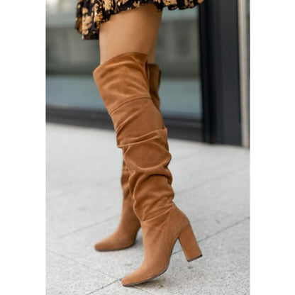 Women's Leather Knee-High Heeled Boots — Beige