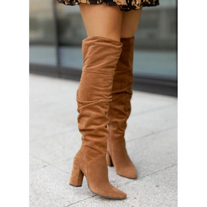 Women's Leather Knee-High Heeled Boots — Beige