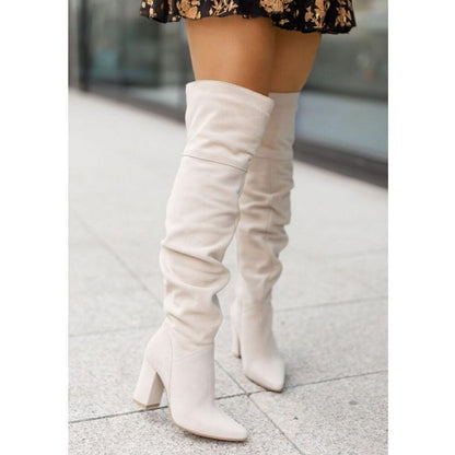 Women's Leather Knee-High Heeled Boots — Beige